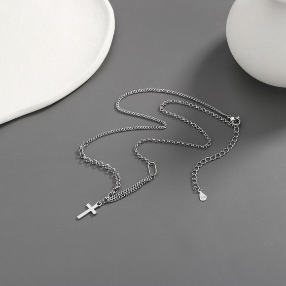 NEW Silver Clavicle Chain Double Cross Necklace - Picture 8 of 8